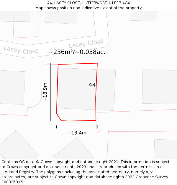 44, LACEY CLOSE, LUTTERWORTH, LE17 4GX: Plot and title map