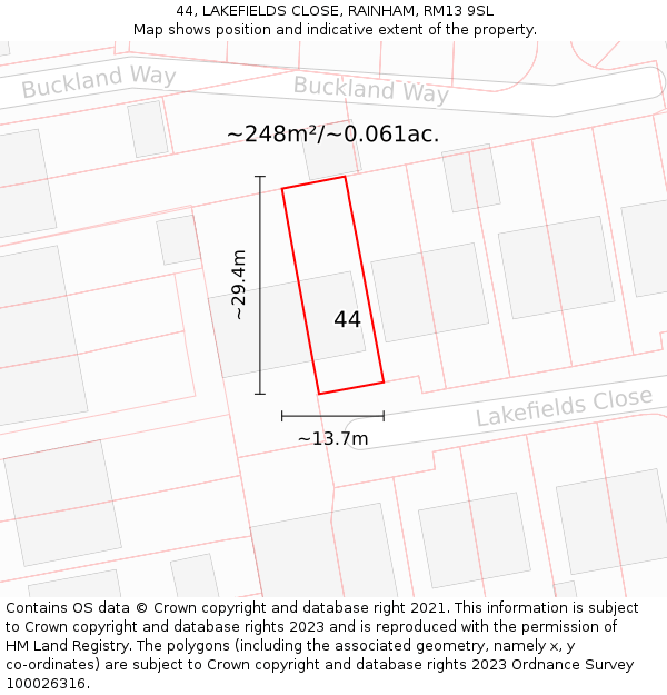 44, LAKEFIELDS CLOSE, RAINHAM, RM13 9SL: Plot and title map