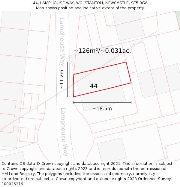 44, LAMPHOUSE WAY, WOLSTANTON, NEWCASTLE, ST5 0GA: Plot and title map