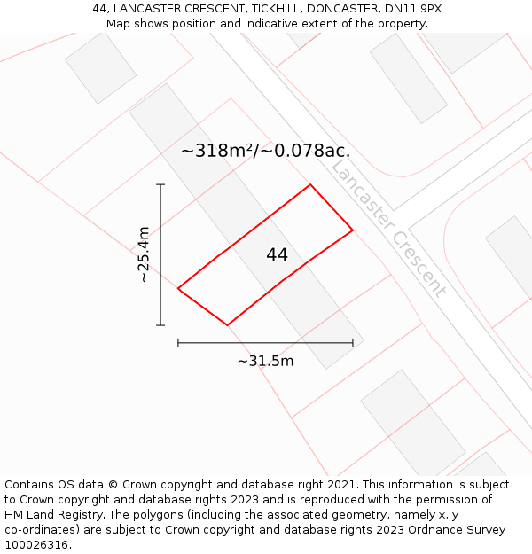 44, LANCASTER CRESCENT, TICKHILL, DONCASTER, DN11 9PX: Plot and title map