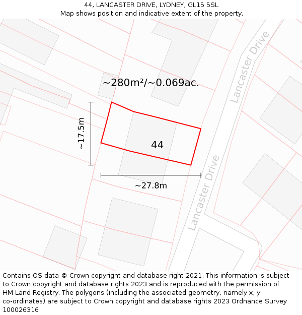 44, LANCASTER DRIVE, LYDNEY, GL15 5SL: Plot and title map
