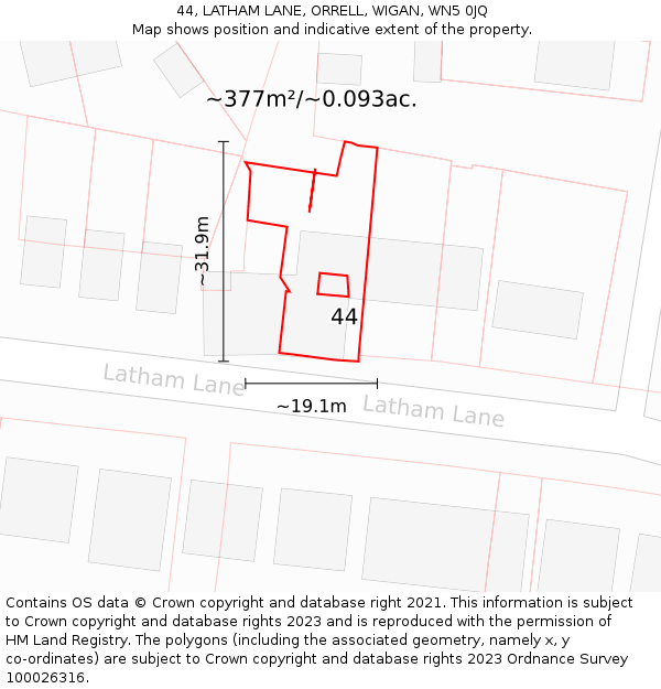 44, LATHAM LANE, ORRELL, WIGAN, WN5 0JQ: Plot and title map