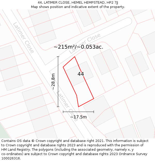 44, LATIMER CLOSE, HEMEL HEMPSTEAD, HP2 7JJ: Plot and title map