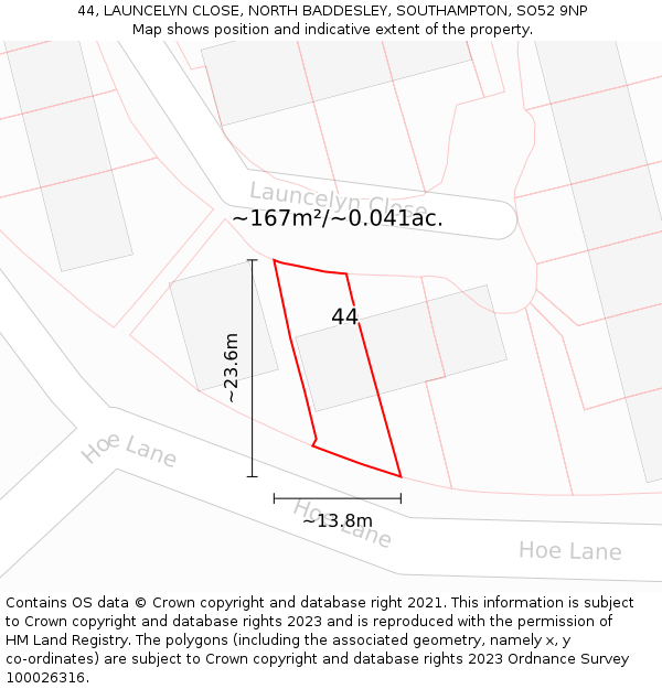 44, LAUNCELYN CLOSE, NORTH BADDESLEY, SOUTHAMPTON, SO52 9NP: Plot and title map