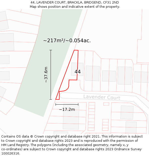 44, LAVENDER COURT, BRACKLA, BRIDGEND, CF31 2ND: Plot and title map
