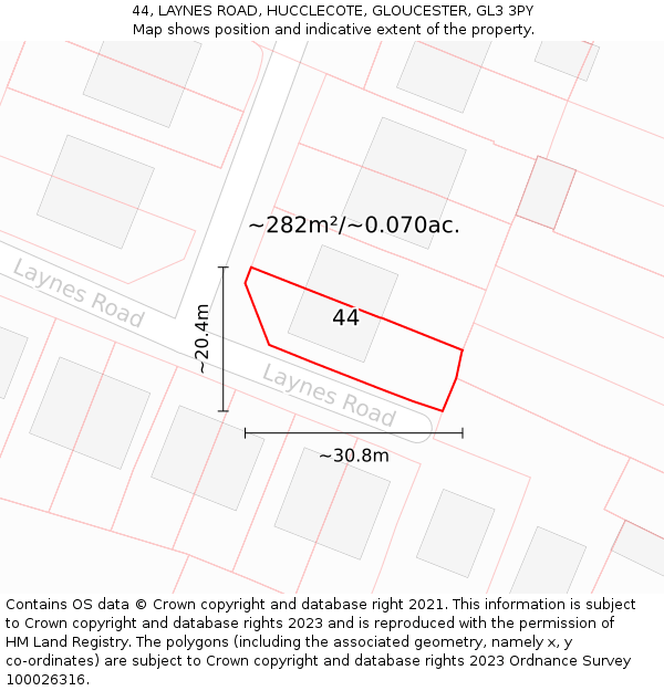 44, LAYNES ROAD, HUCCLECOTE, GLOUCESTER, GL3 3PY: Plot and title map