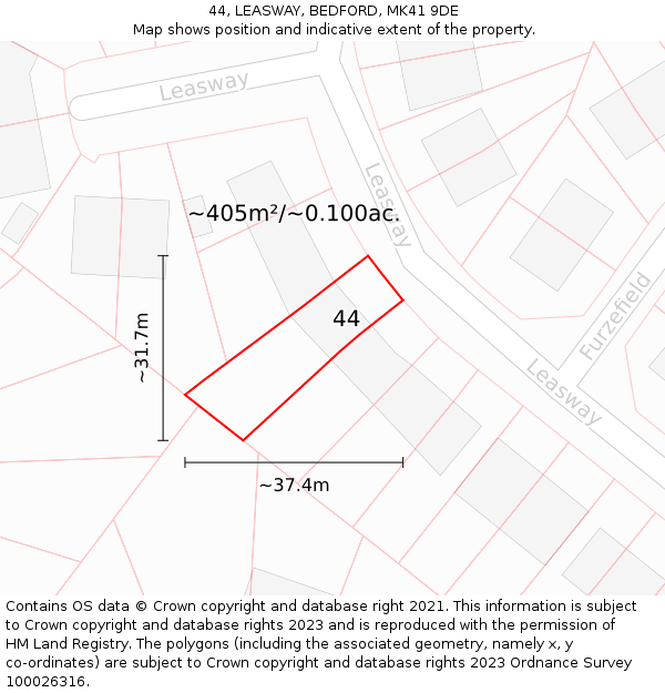44, LEASWAY, BEDFORD, MK41 9DE: Plot and title map