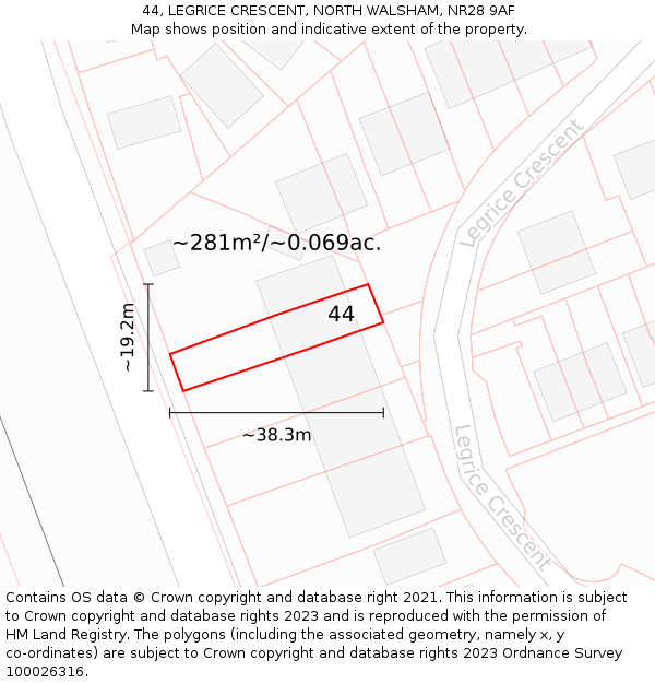 44, LEGRICE CRESCENT, NORTH WALSHAM, NR28 9AF: Plot and title map