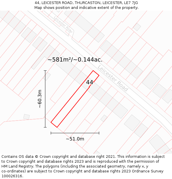 44, LEICESTER ROAD, THURCASTON, LEICESTER, LE7 7JG: Plot and title map
