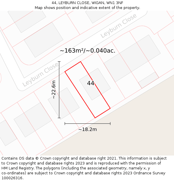 44, LEYBURN CLOSE, WIGAN, WN1 3NF: Plot and title map
