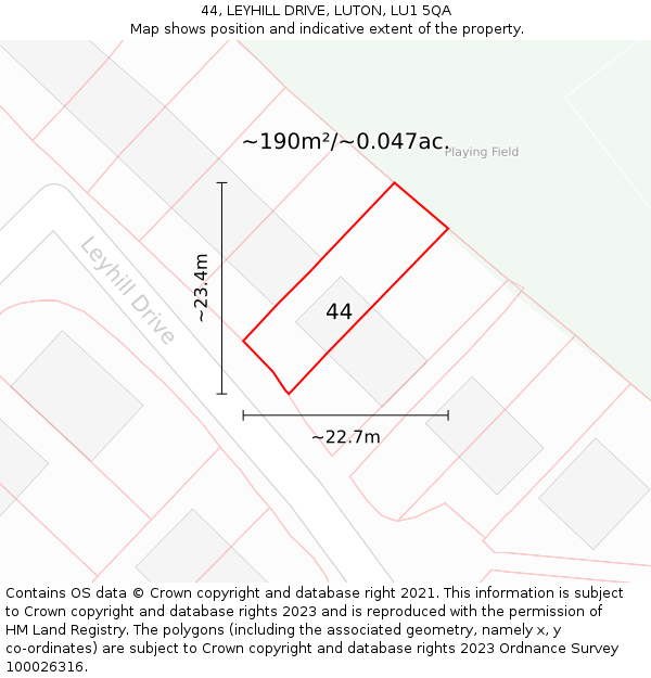 44, LEYHILL DRIVE, LUTON, LU1 5QA: Plot and title map