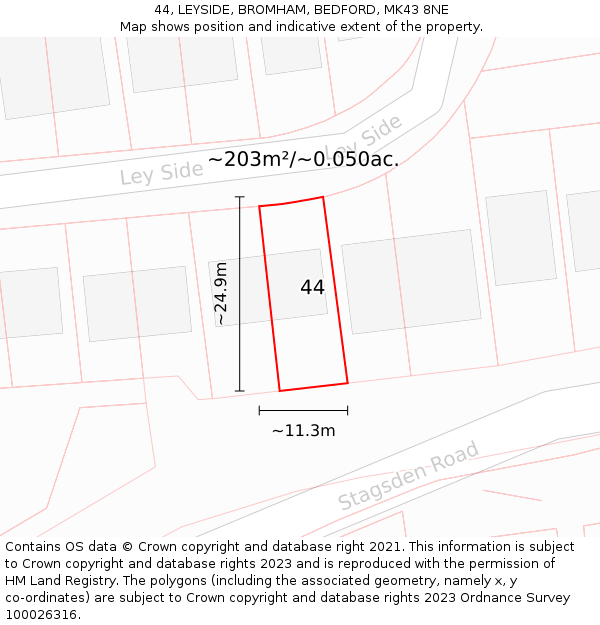 44, LEYSIDE, BROMHAM, BEDFORD, MK43 8NE: Plot and title map