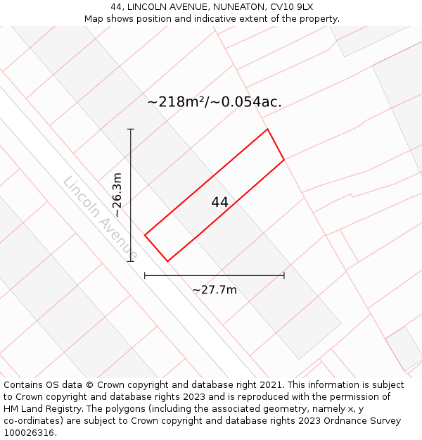 44, LINCOLN AVENUE, NUNEATON, CV10 9LX: Plot and title map
