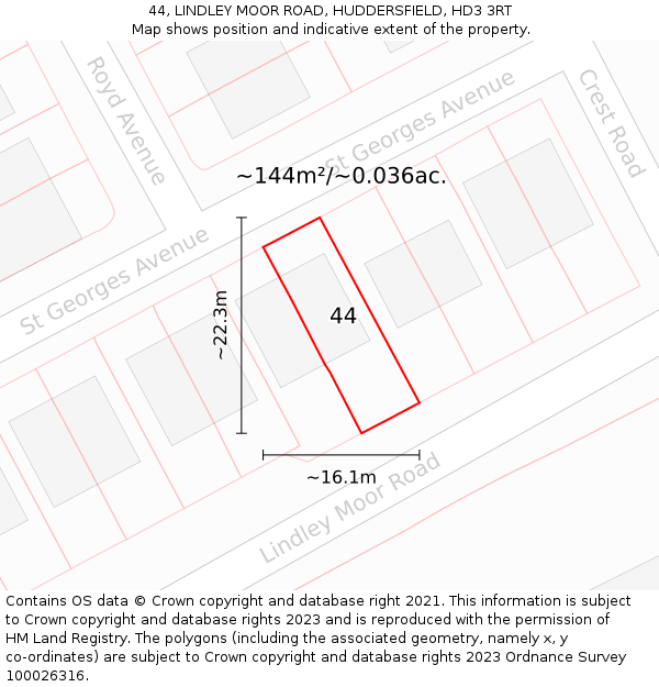 44, LINDLEY MOOR ROAD, HUDDERSFIELD, HD3 3RT: Plot and title map