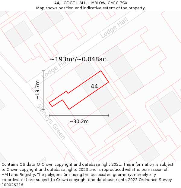 44, LODGE HALL, HARLOW, CM18 7SX: Plot and title map