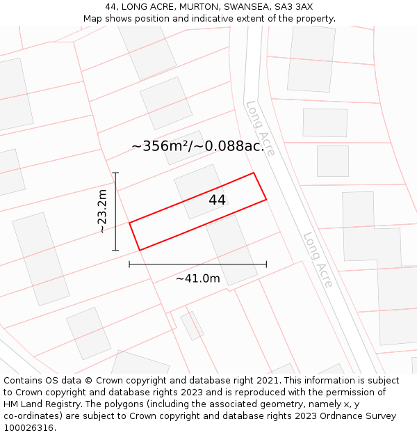 44, LONG ACRE, MURTON, SWANSEA, SA3 3AX: Plot and title map