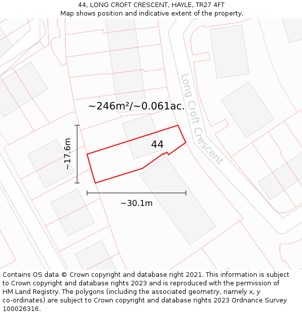 44, LONG CROFT CRESCENT, HAYLE, TR27 4FT: Plot and title map