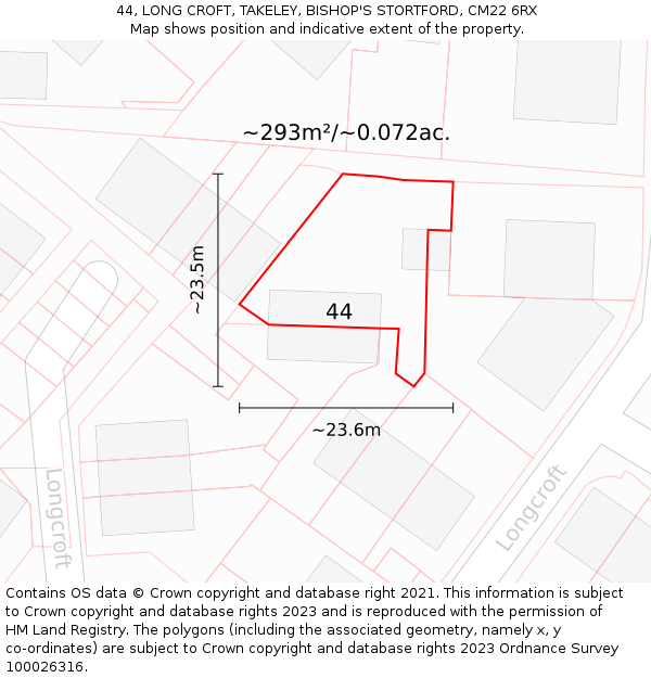 44, LONG CROFT, TAKELEY, BISHOP'S STORTFORD, CM22 6RX: Plot and title map