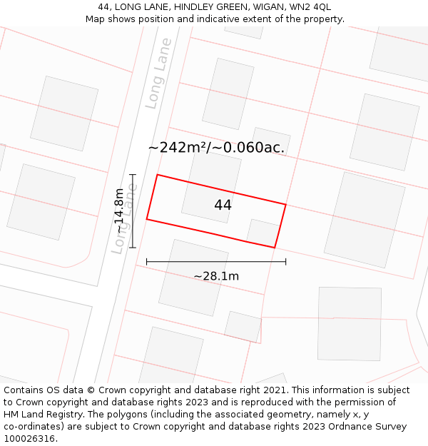 44, LONG LANE, HINDLEY GREEN, WIGAN, WN2 4QL: Plot and title map