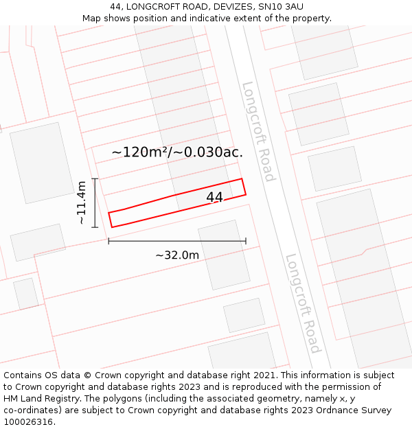 44, LONGCROFT ROAD, DEVIZES, SN10 3AU: Plot and title map