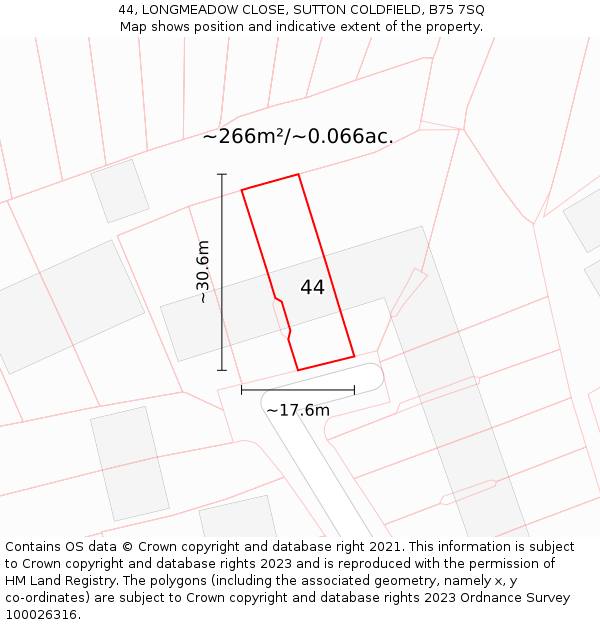 44, LONGMEADOW CLOSE, SUTTON COLDFIELD, B75 7SQ: Plot and title map