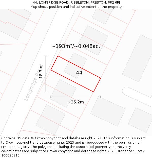 44, LONGRIDGE ROAD, RIBBLETON, PRESTON, PR2 6RJ: Plot and title map