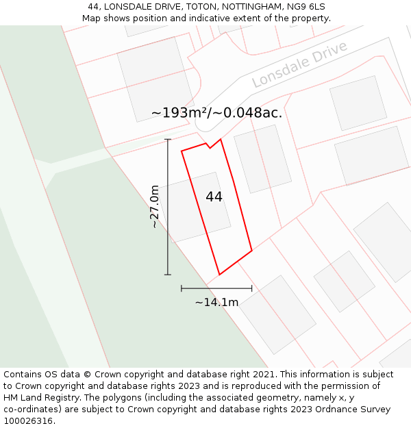 44, LONSDALE DRIVE, TOTON, NOTTINGHAM, NG9 6LS: Plot and title map