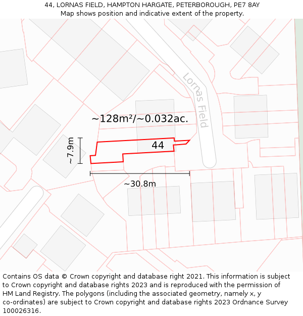 44, LORNAS FIELD, HAMPTON HARGATE, PETERBOROUGH, PE7 8AY: Plot and title map