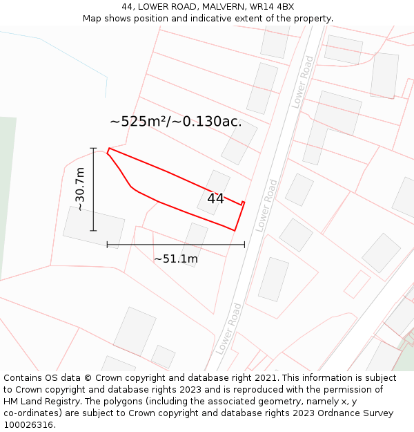 44, LOWER ROAD, MALVERN, WR14 4BX: Plot and title map