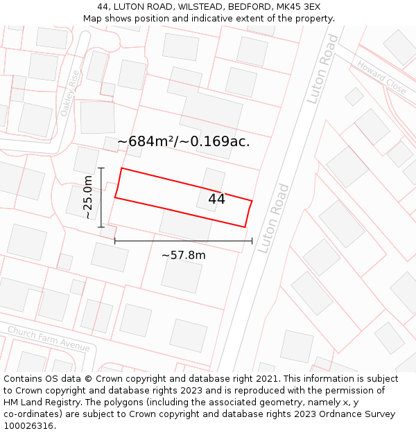 44, LUTON ROAD, WILSTEAD, BEDFORD, MK45 3EX: Plot and title map