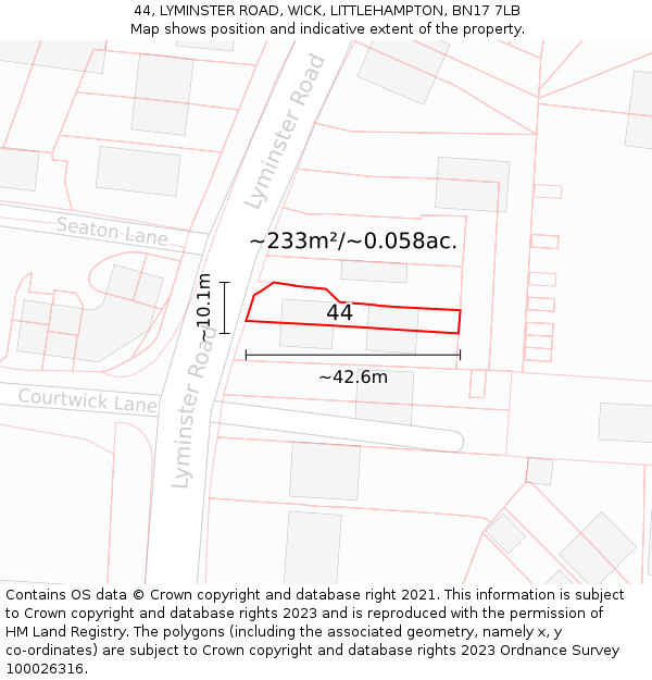 44, LYMINSTER ROAD, WICK, LITTLEHAMPTON, BN17 7LB: Plot and title map