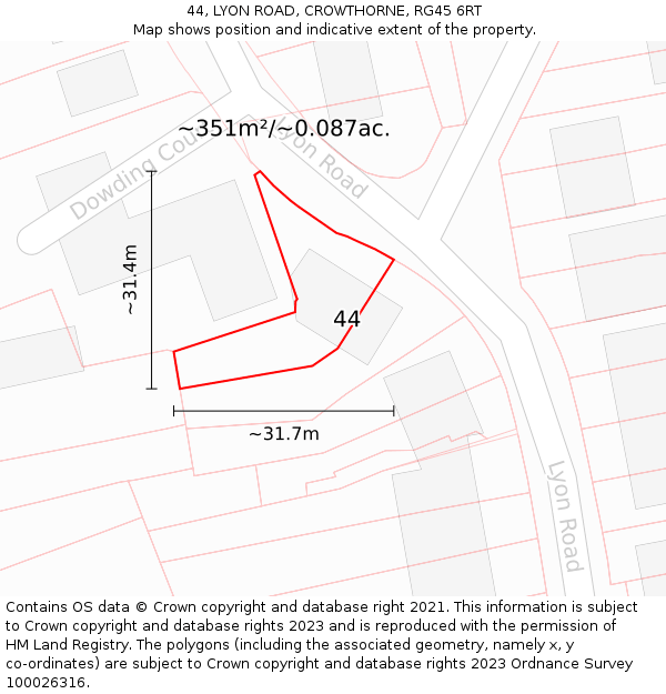 44, LYON ROAD, CROWTHORNE, RG45 6RT: Plot and title map