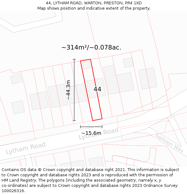 44, LYTHAM ROAD, WARTON, PRESTON, PR4 1XD: Plot and title map
