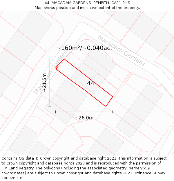 44, MACADAM GARDENS, PENRITH, CA11 9HS: Plot and title map