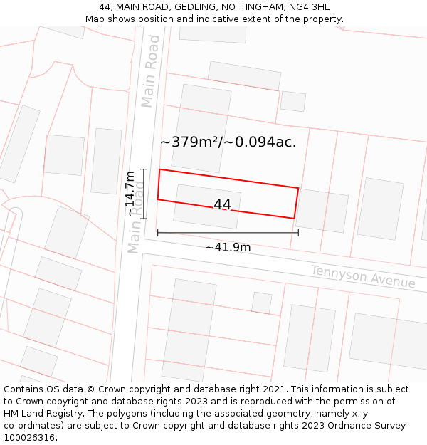 44, MAIN ROAD, GEDLING, NOTTINGHAM, NG4 3HL: Plot and title map