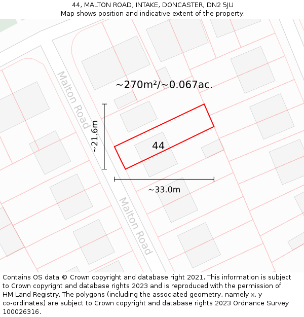 44, MALTON ROAD, INTAKE, DONCASTER, DN2 5JU: Plot and title map