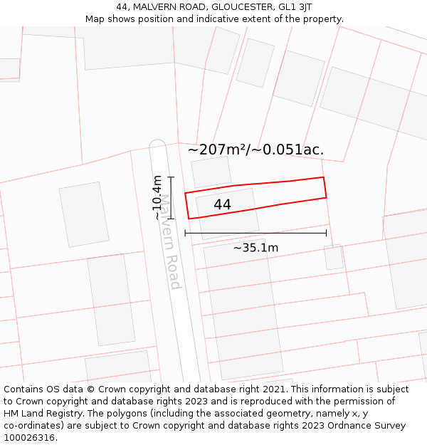 44, MALVERN ROAD, GLOUCESTER, GL1 3JT: Plot and title map