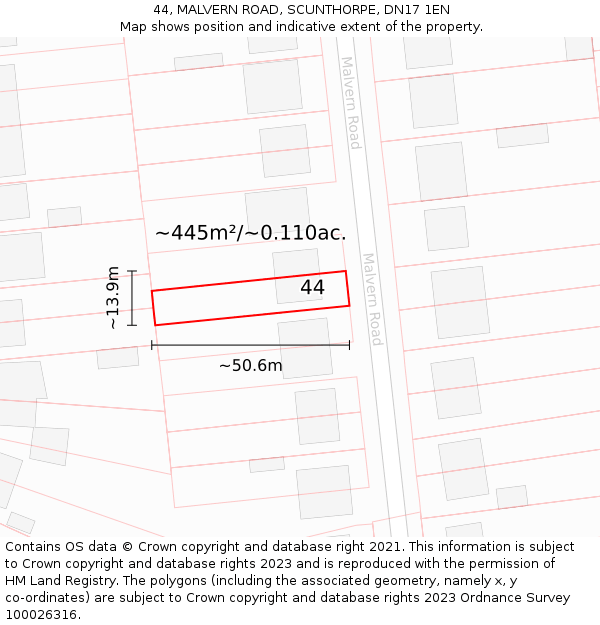 44, MALVERN ROAD, SCUNTHORPE, DN17 1EN: Plot and title map