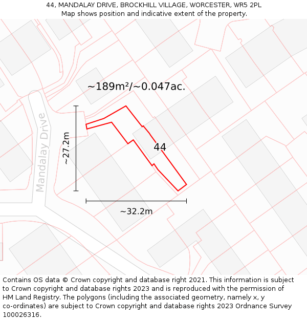 44, MANDALAY DRIVE, BROCKHILL VILLAGE, WORCESTER, WR5 2PL: Plot and title map