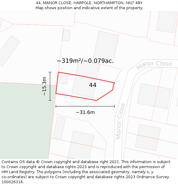 44, MANOR CLOSE, HARPOLE, NORTHAMPTON, NN7 4BY: Plot and title map
