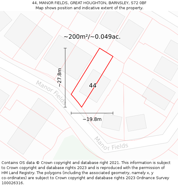 44, MANOR FIELDS, GREAT HOUGHTON, BARNSLEY, S72 0BF: Plot and title map