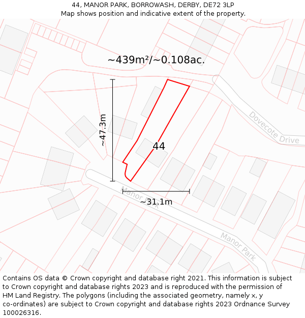 44, MANOR PARK, BORROWASH, DERBY, DE72 3LP: Plot and title map