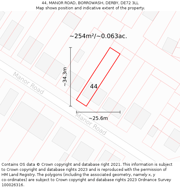 44, MANOR ROAD, BORROWASH, DERBY, DE72 3LL: Plot and title map
