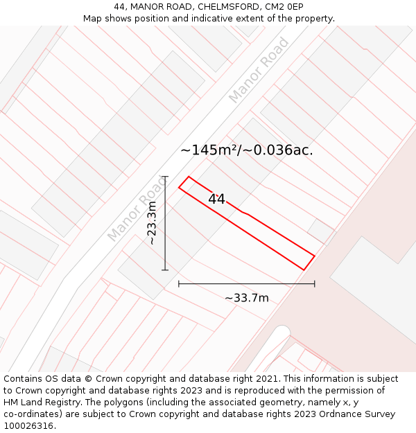 44, MANOR ROAD, CHELMSFORD, CM2 0EP: Plot and title map