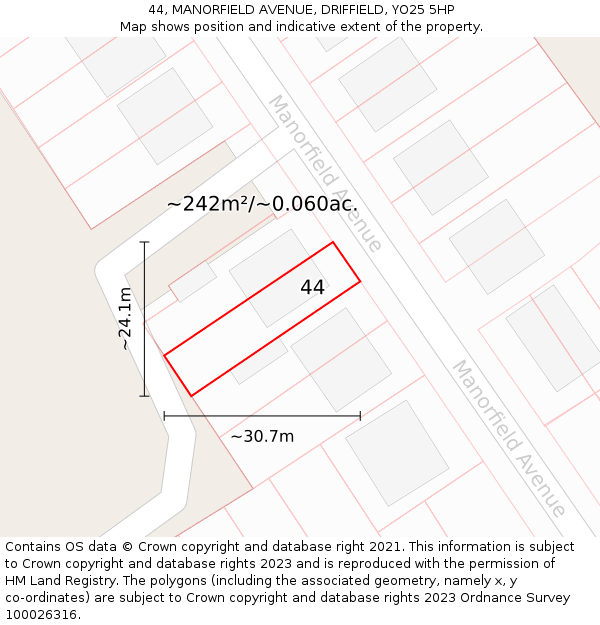 44, MANORFIELD AVENUE, DRIFFIELD, YO25 5HP: Plot and title map