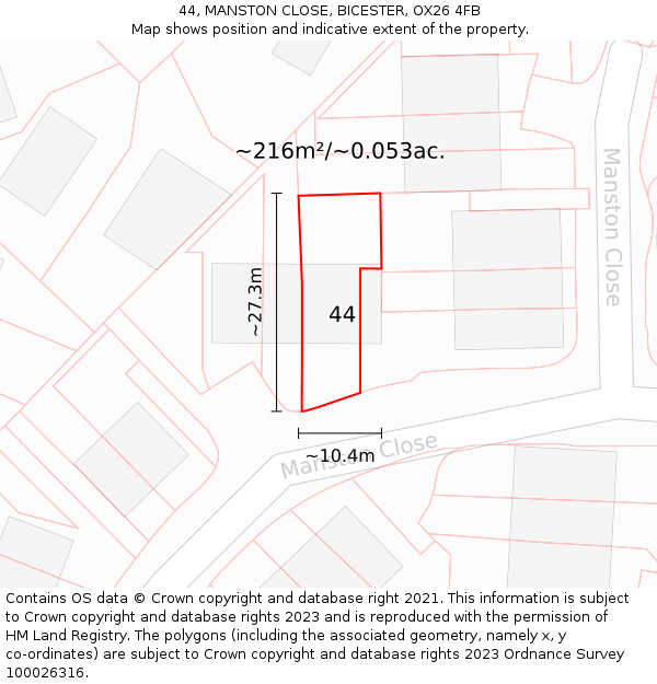 44, MANSTON CLOSE, BICESTER, OX26 4FB: Plot and title map