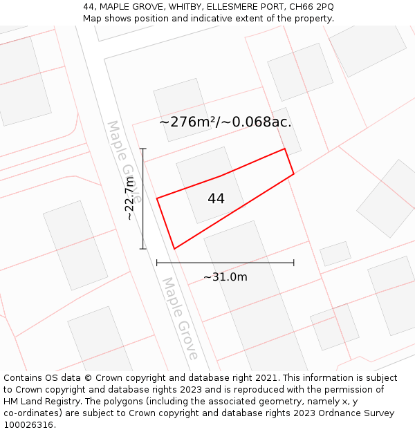 44, MAPLE GROVE, WHITBY, ELLESMERE PORT, CH66 2PQ: Plot and title map