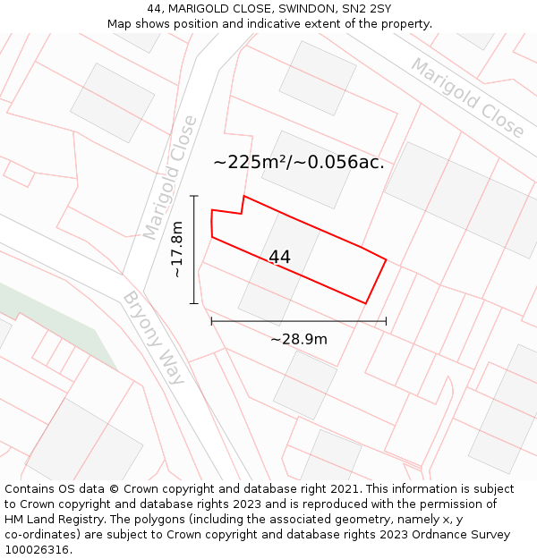 44, MARIGOLD CLOSE, SWINDON, SN2 2SY: Plot and title map