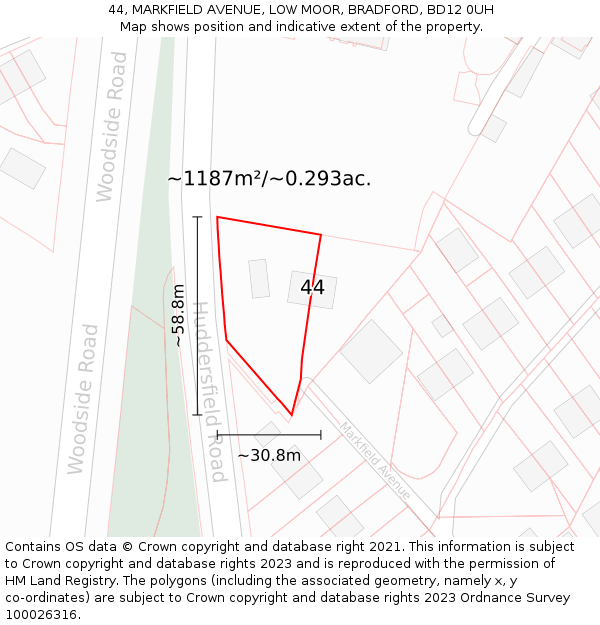 44, MARKFIELD AVENUE, LOW MOOR, BRADFORD, BD12 0UH: Plot and title map