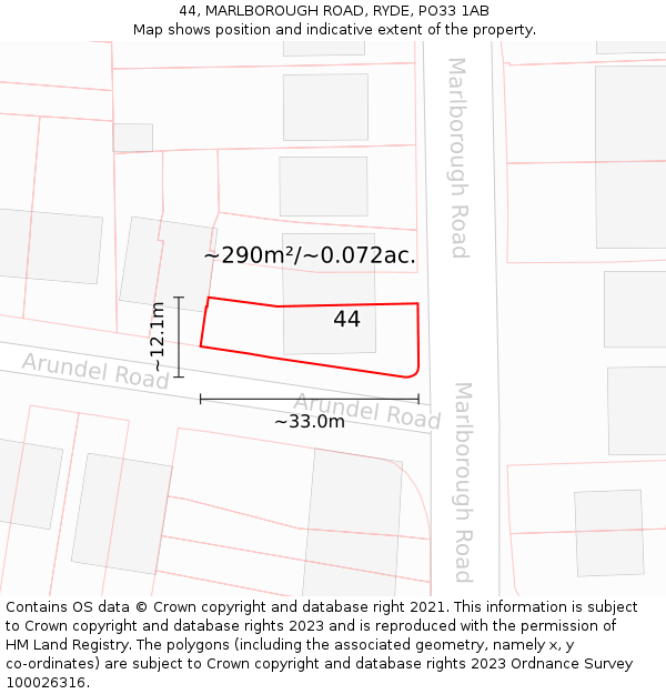 44, MARLBOROUGH ROAD, RYDE, PO33 1AB: Plot and title map